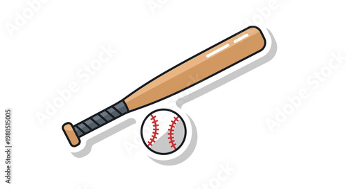 Classic wooden baseball bat and ball isolated on white background, sports equipment illustration, graphic resource
