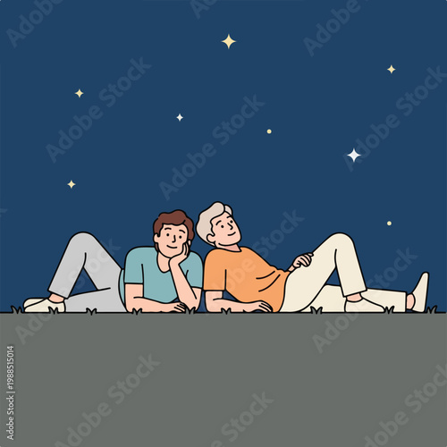 Two young men lying on grass look up at the bright stars in the night sky