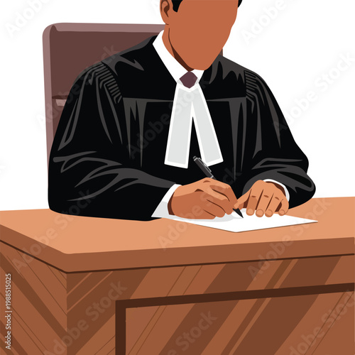 A judge in a black robe sits at a desk writing on paper with a dark pen