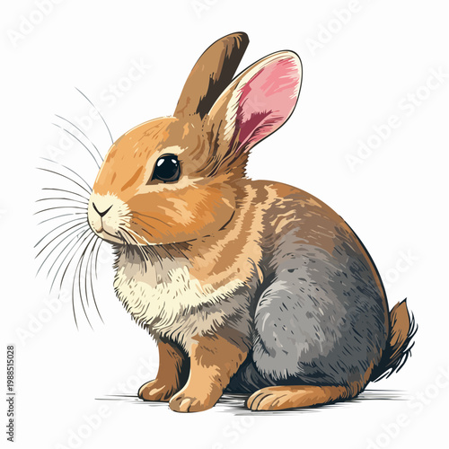 A brown rabbit sits on the ground looking forward with long whiskers.