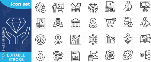 Cost Saving icon set. Editable stroke. Containing saving, budget, cost, efficiency, reduction, expense, planning, spending, investment, and more. Outline icons collection.