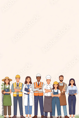Diverse professional team illustration including engineer doctor chef and worker