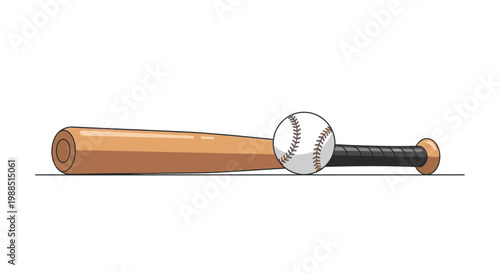 Wooden baseball bat and ball on a white background, simple illustration, clean design, sports equipment