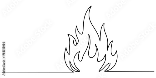 Single line art illustration of a burning fire or flame isolated on a white background. Vector, illustration
