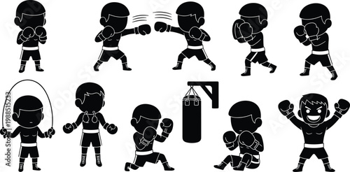 Black silhouette vector collection of cute cartoon boxer characters training in gym with boxing gloves punching heavy bag jumping rope and celebrating victory