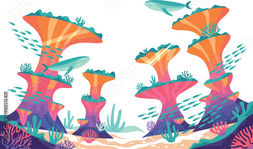 Vibrant underwater scene with colorful coral mushrooms and swimming fish