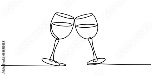 Continuous line drawing of two wine glasses clinking with a heart above them on a white background Vector, illustration