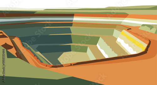 Stylized illustration of a large open pit mine with tiered levels and earth tones