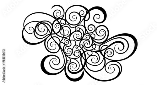 A black and white vector graphic illustration of swirling lines and curls