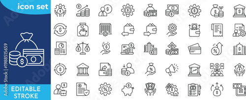 Money Management line editable icon set. Editable Stroke. Containing money management, budgeting, expense, finance, saving, income, and more.