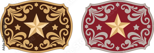 Sheriff Star Badge Vector Illustration, Rodeo Cowboy Belt Buckle Design with Wild West Style Tag, Texas Five Point Star, and Decorative Frame for Western Event Graphics