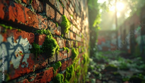Closeup of a crumbling brick wall texture covered in vibrant green moss, bathed in soft sunlight