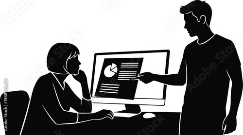 Black and white silhouette of colleagues analyzing data on computer screen