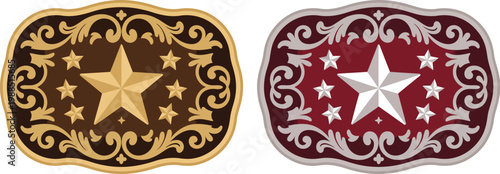 Sheriff Star Badge Vector Illustration, Rodeo Cowboy Belt Buckle Design with Wild West Style Tag, Texas Five Point Star, and Decorative Frame for Western Event Graphics