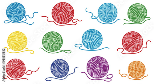 A colorful illustration of yarn balls in various hues on a white background