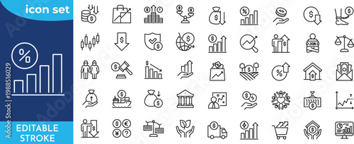 Economy Crisis icon set. Editable stroke. Contain icons related to Economic downturn, stock marker cash, Decrease, layoff, job fired, recession, credit crunch, and more.