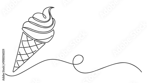 Simple line drawing of a delicious ice cream cone with a flowing swirl.