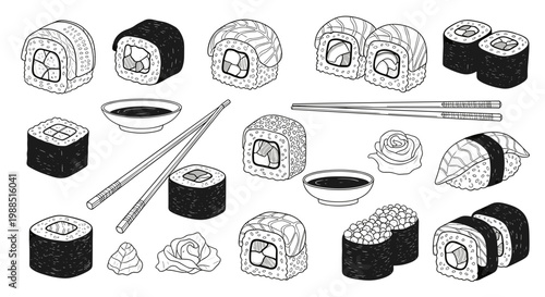 A vector graphic illustration of various sushi rolls and pieces with chopsticks