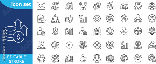 Sales management line editable icon set. editable stroke. Contain icons related to CRM, Business Process, marketing, sales team, effective, and more.