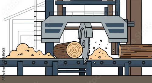 A large circular saw cuts a log on a conveyor belt in a industrial sawmill site