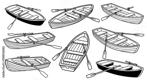 A set of vector illustrations of small boats with oars