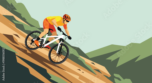 A cyclist in bright gear rides a mountain bike down a steep, rugged dirt trail