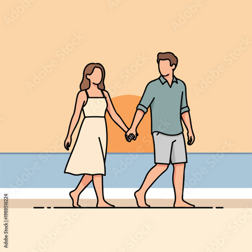 A romantic couple holding hands and walking barefoot on a beach during sunset