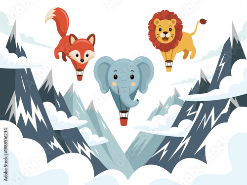 Cartoon animals flying over snowy mountains