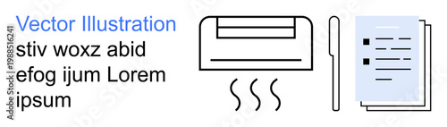 Climate control, workplace efficiency, air circulation, document management, ergonomics, business productivity. Air conditioner blowing steam beside documents. Climate control and workplace