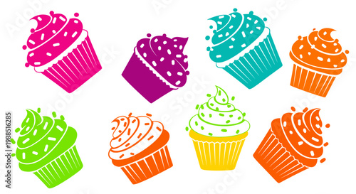 A colorful illustration of cupcakes with swirly frosting and sprinkles