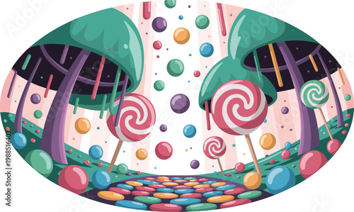 Whimsical candy land with lollipop trees and colorful sweets