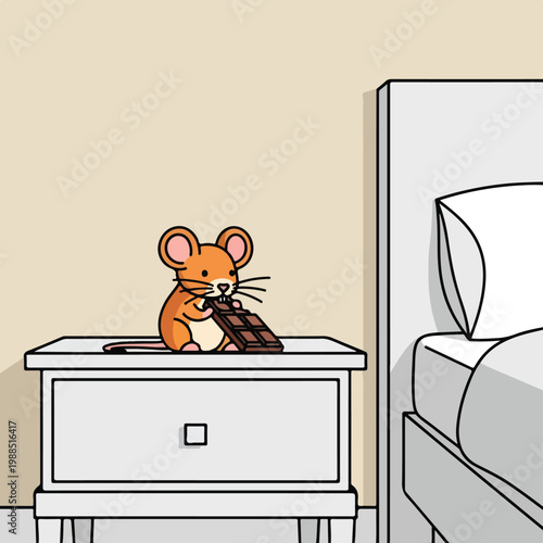 A cute cartoon mouse sits on a white nightstand eating a bar of dark chocolate