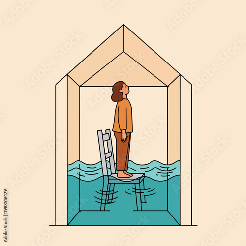 A person standing on a chair inside a house partially flooded with blue water