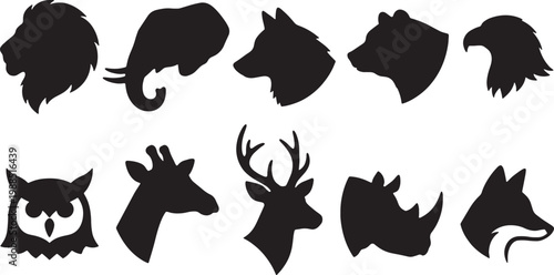 Collection of black animal head silhouettes representing diverse wildlife on a white background