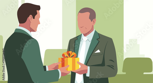 Two men in business attire exchanging a wrapped gift box in an office setting