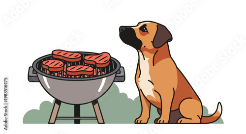 An illustration of a brown dog sitting and watching steaks cook on a charcoal grill