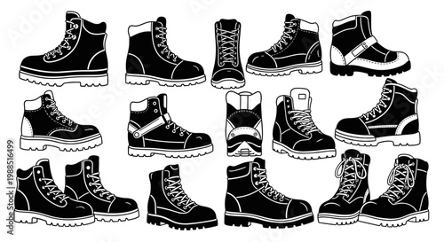 A collection of various black boots in a vector graphic illustration