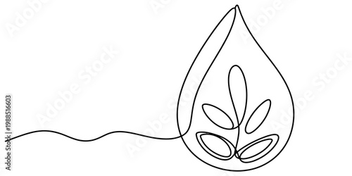 Continuous line drawing of a water drop containing a growing plant sprout with small leaves. Vector, illustration