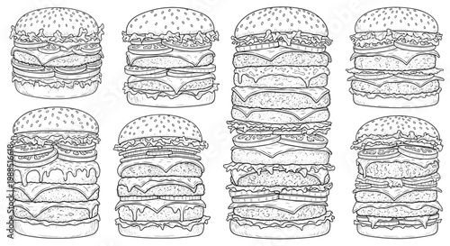 A minimalist line art illustration of multiple stacked burgers in a vector graphic design
