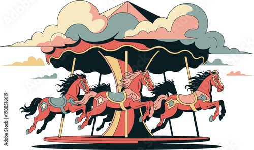 colorful carousel horses spinning under decorative umbrella