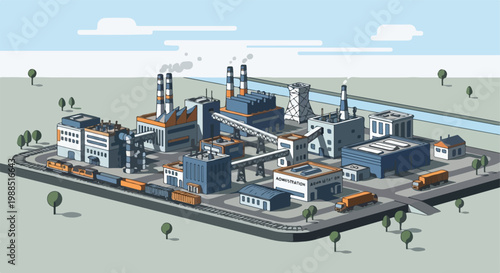 Isometric vector illustration of an industrial manufacturing plant with a train
