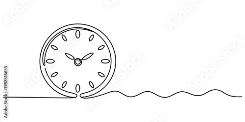 Continuous line drawing of a round clock face with hour markers and hands on a white background. Vector, illustration
