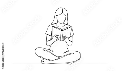 Minimalist continuous one line drawing of woman reading book calm lifestyle line art vector illustration