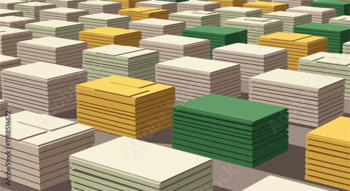 Numerous stacks of multicolored paper arranged in a neat grid on a flat surface