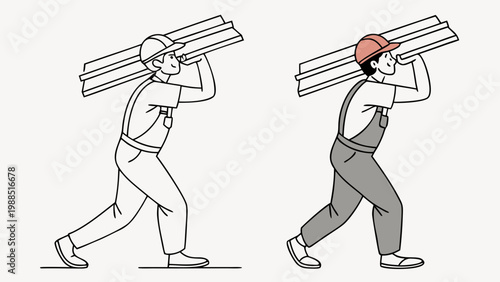 Construction worker carries heavy building materials, showcasing labor and effort.