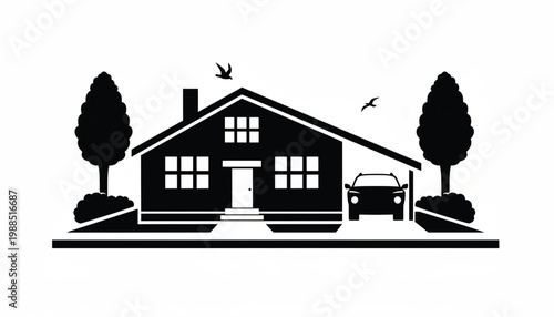 House silhouette icon with front porch steps, white window grid, car parked outside and birds flying
