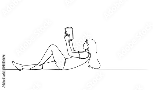 Modern continuous one line drawing of woman lying reading book minimalist lifestyle vector illustration