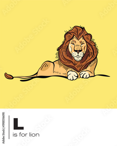 L is for Lion flash card with vector illustration for classrooms, education and teaching posters