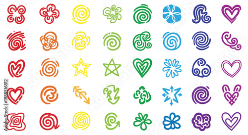 A colorful vector graphic illustration of various heart and flower designs