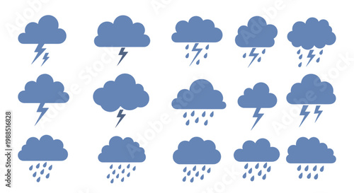A set of blue cloud and lightning bolt weather icons with rain